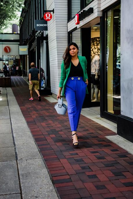 how to wear brights to office, blue pants, green jacket, vinyl heels, statement office look, fashion, style, street style, dc blogger, myriad musings, saumya shiohare 