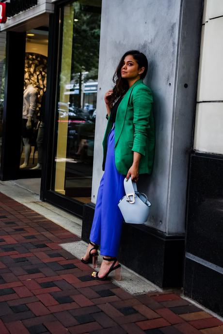 how to wear brights to office, blue pants, green jacket, vinyl heels, statement office look, fashion, style, street style, dc blogger, myriad musings, saumya shiohare 