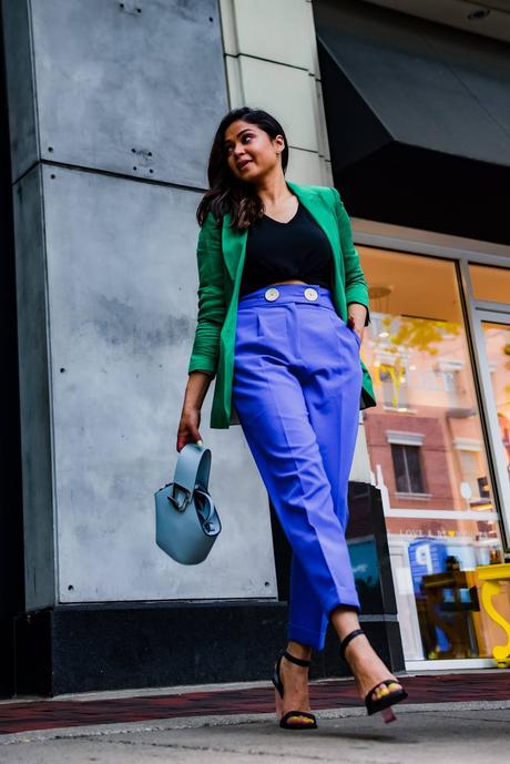 how to wear brights to office, blue pants, green jacket, vinyl heels, statement office look, fashion, style, street style, dc blogger, myriad musings, saumya shiohare 