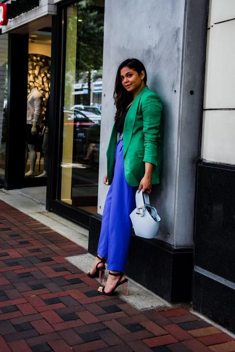 how to wear brights to office, blue pants, green jacket, vinyl heels, statement office look, fashion, style, street style, dc blogger, myriad musings, saumya shiohare 