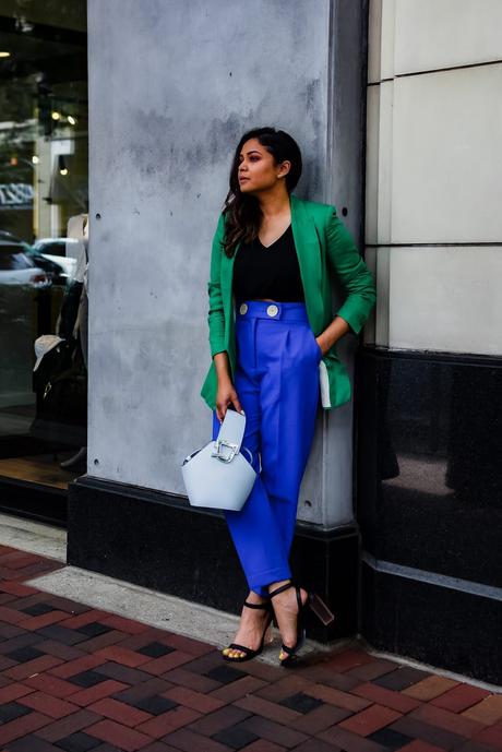 how to wear brights to office, blue pants, green jacket, vinyl heels, statement office look, fashion, style, street style, dc blogger, myriad musings, saumya shiohare 