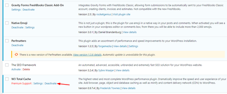 deactivate w3 total cache plugin