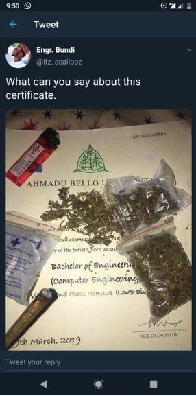 Shocking Moment Fresh Uni Graduate Used His Certificate To Smoke Indian Hemp (Photos)