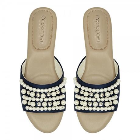 London Fields - Navy Satin with Pearls Sandals