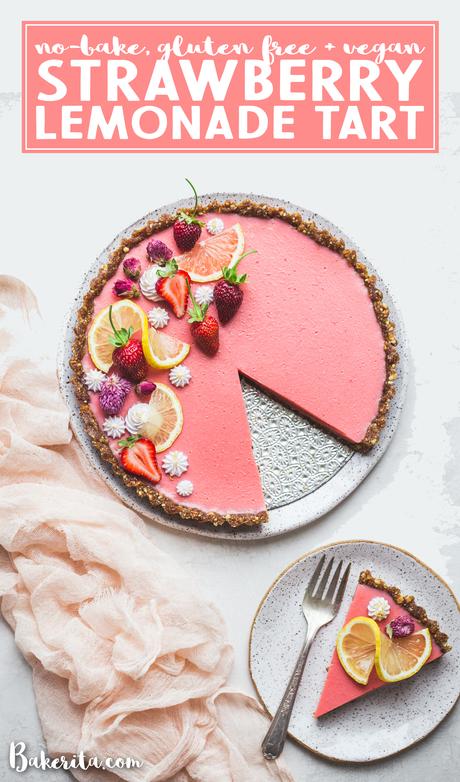 This Vegan Strawberry Lemonade Tart is a no-bake, gluten-free and paleo recipe made with loads of fresh strawberries and lemons. The scrumptious agar-thickened filling plays perfectly with the date-sweetened hazelnut crust. 