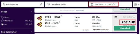 Perth to Brussels for only 902 AUD
