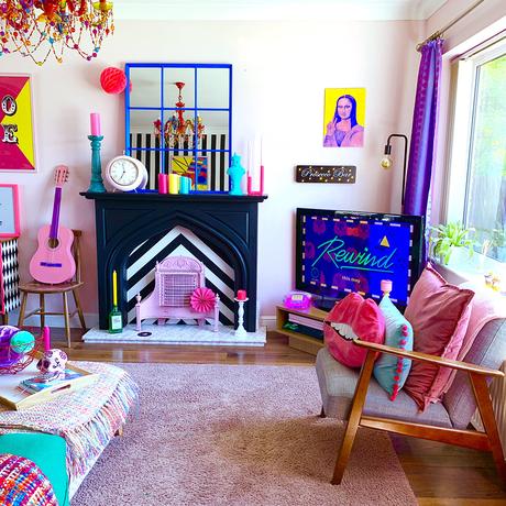 Crazy & colourful living room decor with quirky color pops.