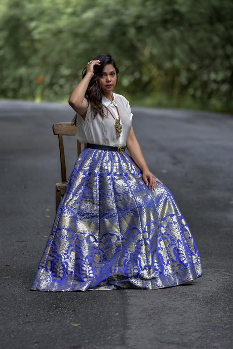 fusion wear, indian, blue lehnga skirt outfit, wedding outfit, blue banarsi skirt outfit, gucci marmont belt, style, fashion, myriad musings, ootd 
