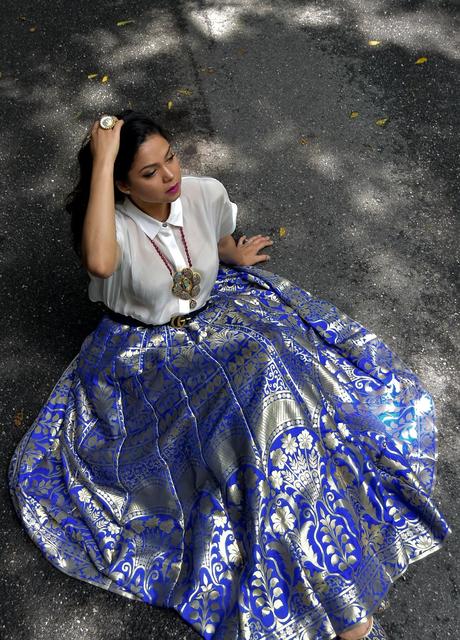 fusion wear, indian, blue lehnga skirt outfit, wedding outfit, blue banarsi skirt outfit, gucci marmont belt, style, fashion, myriad musings, ootd 