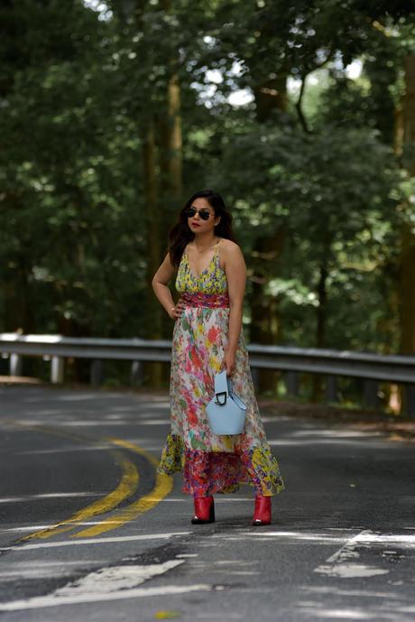 summer maxi dress, red cowboy boots, fashion blogger, anthropologie maxi dress, halter dress, bra to wear with a halter dress, summer outfit, wedding look, saumya shiohare