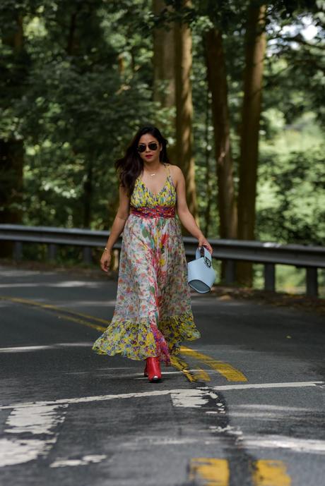 summer maxi dress, red cowboy boots, fashion blogger, anthropologie maxi dress, halter dress, bra to wear with a halter dress, summer outfit, wedding look, saumya shiohare