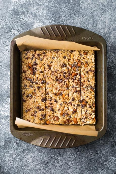 overhead view of the Snickerdoodle Almond Butter Granola Bars in a 9x9 inch pan