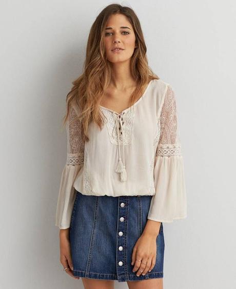 White peasant top with Denim skirt