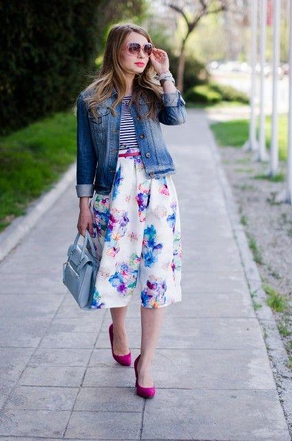 denim jacket with midi skirt