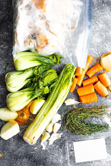 overhead view of ingredients for healthy bone broth benefits