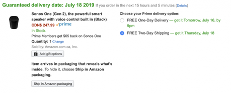 Amazon Canada offers Prime members $65 back on Sonos One smart speaker