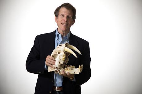 Dr. Neil Bockoven, author of Moctu and the Mammoth People, holds a saber-toothed cat skull