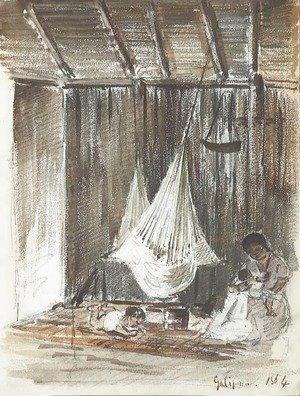 Camille Pissarro - The Complete Works - The interior of a hut with a hammock and an Indian mother with her two children, Galipan - camille-pissarro.org Camille Pissarro - The Complete Works - The interior of a hut with a hammock and an Indian mother with her two children, Galipan - camille-pissarro.org