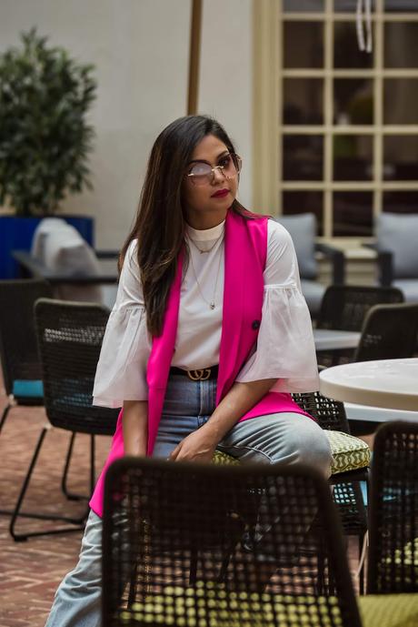 HOW TO STYLE A VEST two ways, pant suit, neon suit, pant wide leg, white ruffled blouse, fashion, street style, style inspiration, white mules, gucci marmont bag , myriad musings, saumya shiohare  