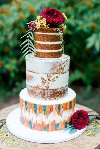 wedding cake ideas photos gallery bohemian naked gold foil watercolor effect burgundy flowers mismatched layers ashley rae photography