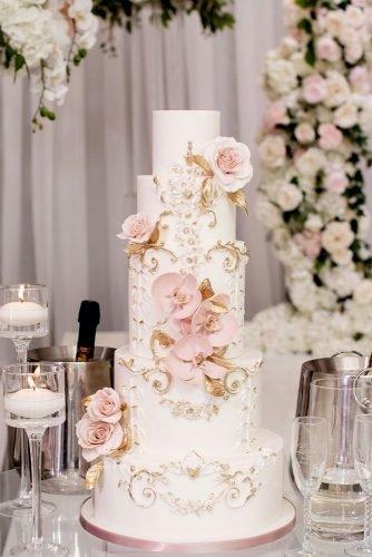 wedding cake ideas photos gallery elegant tall white with gold details and pale pink orchids and roses beyondinfinitiphotography