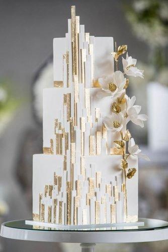 wedding cake ideas photos gallery square white and gold geometry and flowers décor mpsg weddings