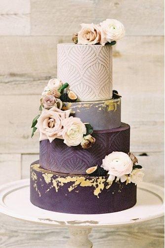 wedding cake ideas photos gallery alternating layers lilac foil effect pink flowers mariamackphotog