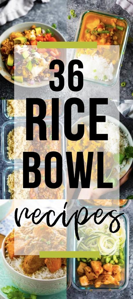 collage image with 36 Tasty Rice Bowl Recipes