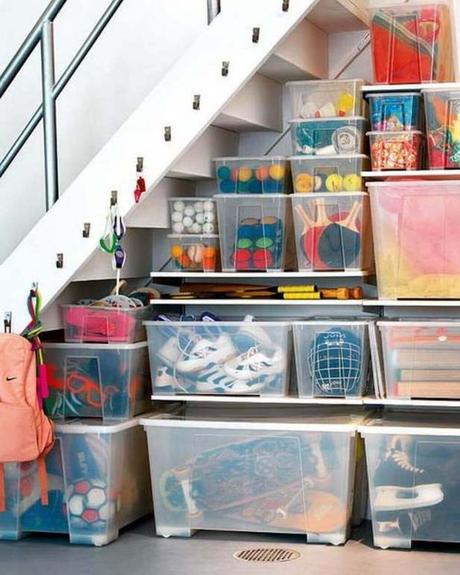 Simple under Stair Storage with Plastic Containers and Hangers