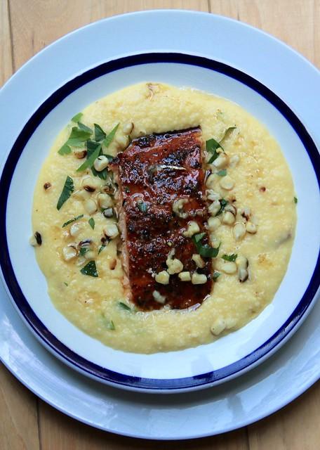 Cedar Bay Grilled Salmon over Gouda Cheese Grits with Charred Summer Corn & Brown Butter