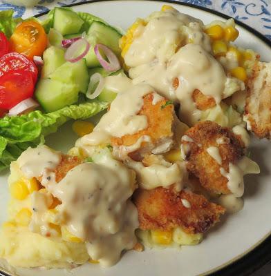 Crispy Chicken with Cheesy Mash & Cream Gravy