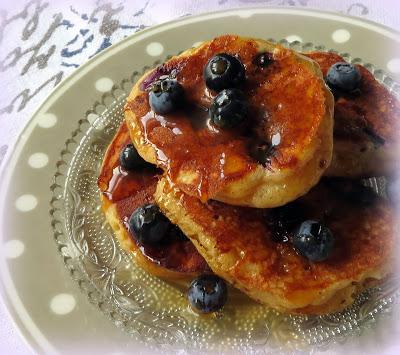 Blueberry Cornmeal Pancakes with a Maple Caramel Sauce