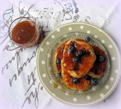 Blueberry Cornmeal Pancakes with a Maple Caramel Sauce