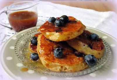 Blueberry Cornmeal Pancakes with a Maple Caramel Sauce