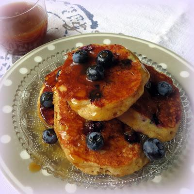 Blueberry Cornmeal Pancakes with a Maple Caramel Sauce