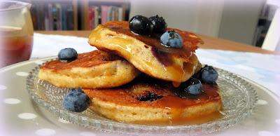 Blueberry Cornmeal Pancakes with a Maple Caramel Sauce