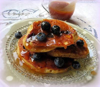 Blueberry Cornmeal Pancakes with a Maple Caramel Sauce