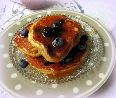 Blueberry Cornmeal Pancakes with a Maple Caramel Sauce