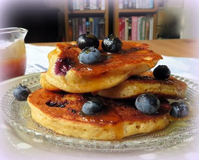 Blueberry Cornmeal Pancakes with a Maple Caramel Sauce