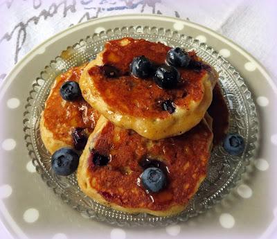 Blueberry Cornmeal Pancakes with a Maple Caramel Sauce