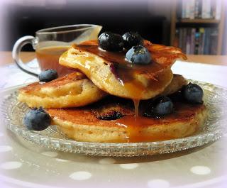 Maple & Caramel Sauced Blueberry Cornmeal Pancakes