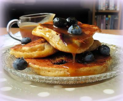 Blueberry Cornmeal Pancakes with a Maple Caramel Sauce