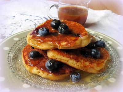 Blueberry Cornmeal Pancakes with a Maple Caramel Sauce