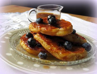 Blueberry Cornmeal Pancakes with a Maple Caramel Sauce