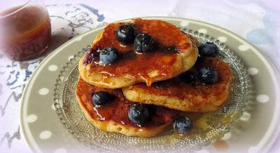 Blueberry Cornmeal Pancakes with a Maple Caramel Sauce