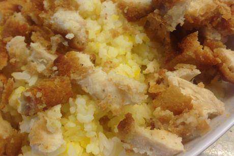 Salted egg rice with chopped chicken nuggets