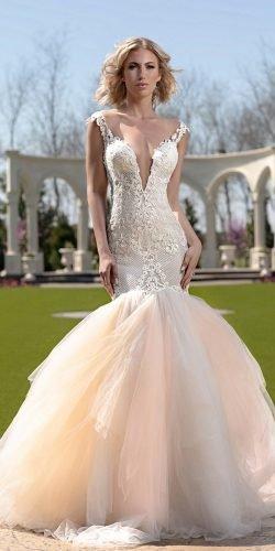  hottest wedding dresses 2020 mermaid sexy deep v neckline lace blush tulle skirt naama and anat