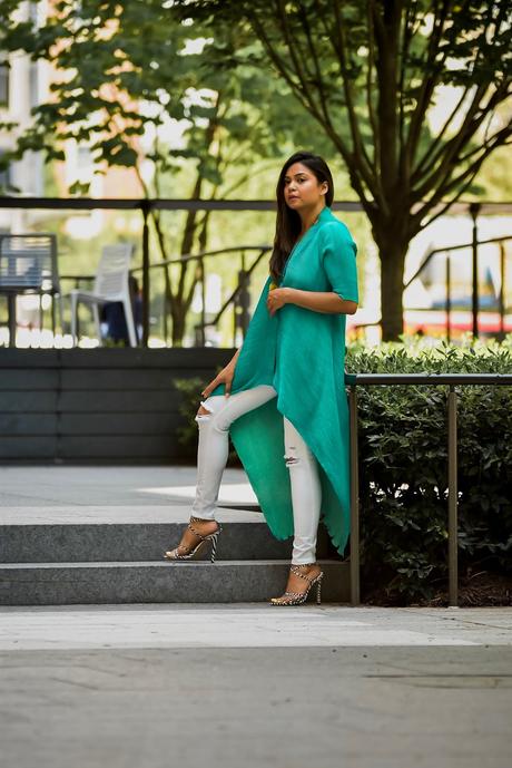 green cape, white jeans, summer outfit, tassel necklace, how to style a cape, street style, DC blogger, Fashion, zebra print heels, saumya shiohare 