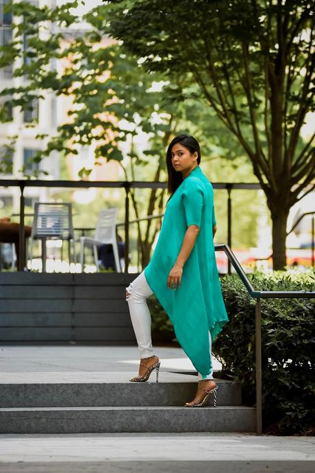 green cape, white jeans, summer outfit, tassel necklace, how to style a cape, street style, DC blogger, Fashion, zebra print heels, saumya shiohare 