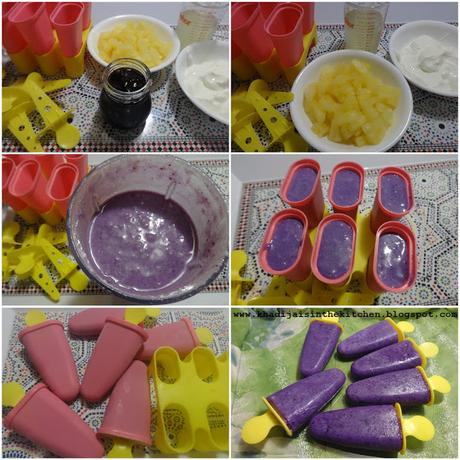 SUCETTES GLACÉES À L’ANANAS ET À LA CONFITURE DE BLEUETS / PINEAPPLE AND BLUEBERRY JAM POPSICLES / PALETAS HELADAS DE PIÑA Y MERMELADA DE ARANDANOS/مصاصات الاناناس و مربى التوت الازرق المجمدة